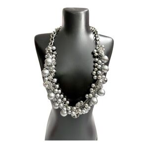 ALDO SILVER TONED IRIDESCENT FACETED WOVEN BEAD STATEMENT NECKLACE